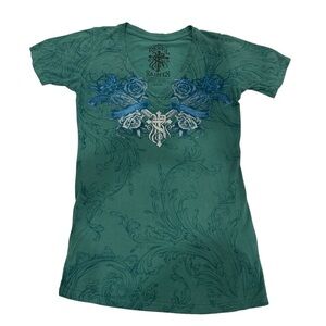 Rebel Saints Teal and Blue Graphic V-Neck Top